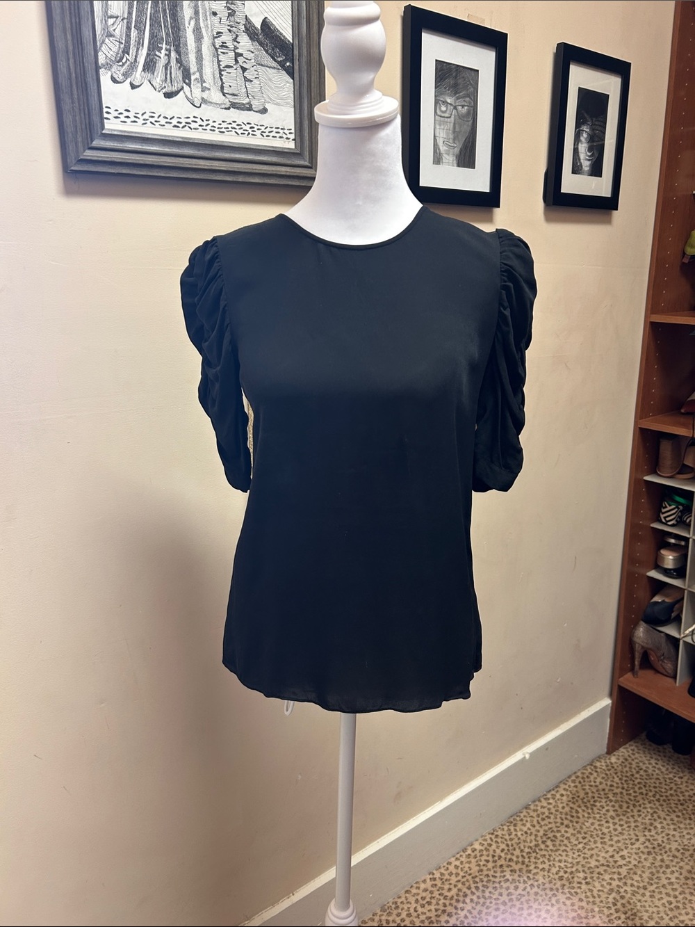 Theory Black Puff-Sleeve Crewneck Blouse